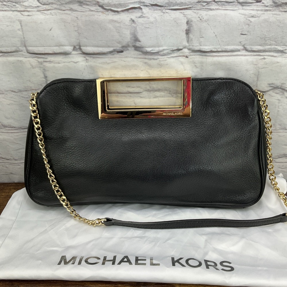 Michael Kors Black On Gold Leather Berkley Clutch Square Handle Bag WDust Bag